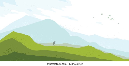 Beautiful scenic nature landscape with traveler pilgrim vector illustration summer or spring season with grasslands meadows hills and mountains, hiking traveling trip to the countryside concept.