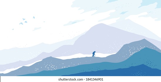 Beautiful scenic nature landscape with traveler pilgrim vector illustration winter season with grasslands meadows hills and mountains, snow and cold hiking traveling trip to the countryside concept.