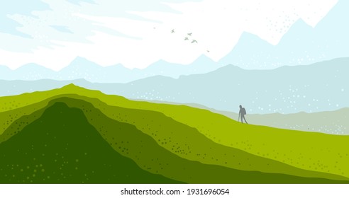 Beautiful scenic nature landscape with traveler pilgrim vector illustration summer or spring season with grasslands meadows hills and mountains, hiking traveling trip to the countryside concept.