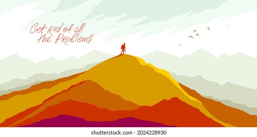 Beautiful scenic nature landscape with traveler pilgrim vector illustration autumn season with grasslands meadows hills and mountains, fall hiking traveling trip to the countryside concept.