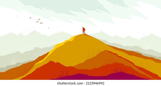 Beautiful scenic nature landscape with traveler pilgrim vector illustration autumn season with grasslands meadows hills and mountains, fall hiking traveling trip to the countryside concept.