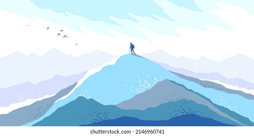 Beautiful scenic nature landscape with traveler pilgrim vector illustration winter season with grasslands meadows hills and mountains, snow and cold hiking traveling trip to the countryside concept.