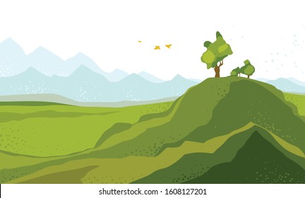 Beautiful scenic nature landscape vector illustration summer or spring season with grasslands meadows hills and mountains, hiking traveling trip to the countryside concept.