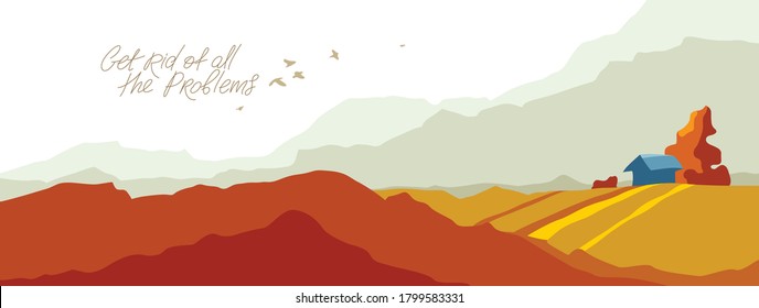 Beautiful scenic nature landscape vector illustration autumn season with grasslands meadows hills and mountains, fall hiking traveling trip to the countryside concept.