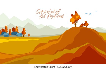 Beautiful scenic nature landscape vector illustration autumn season with grasslands meadows hills and mountains, fall hiking traveling trip to the countryside concept.