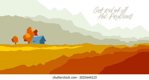 Beautiful scenic nature landscape vector illustration autumn season with grasslands meadows hills and mountains, fall hiking traveling trip to the countryside concept.