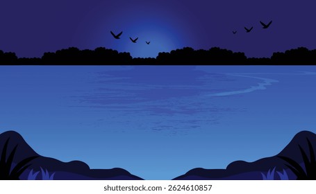 Beautiful Scenic night lake view with calm water and birds flying, silhouette style landscape in deep blue tones, peaceful nature vector illustration.