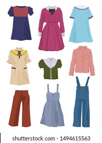 Beautiful school clothes for girls, elegant dresses, pants, blouses and etc, isolated on white background.