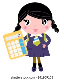 Beautiful school girl with yellow calculator isolated on white