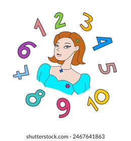 beautiful schoolgirl thinks about numbers and mathematics. Numbers are flying around the girl. Promotes interest in science and mathematics at school. Numerologist, numerology