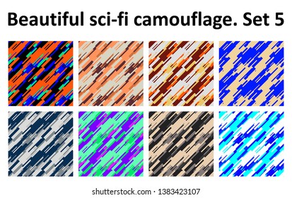 Beautiful sci-fi camouflage set. Covers with flat geometric pattern. Cool colorful backgrounds. Applicable for Banners, Placards, Posters, Flyers. Eps8 vector template.
