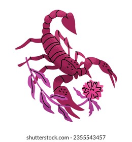 A beautiful scorpion with a heart-shaped sting. Holds a flower in a claw. Dangerous animals of the wild west. Bright pink shades and fashionable style. Barbiecore tatoo. Vector illustration isolated