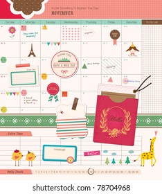 Beautiful Scrapbook Elements - GIrl Diary. Perfect for Scrapbook, Sticker, Photo. Vector Illustration.