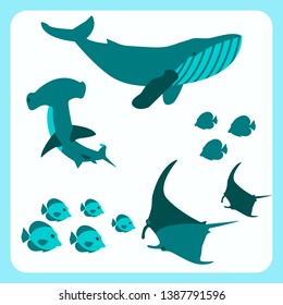 Beautiful Sea Animals Frame Banner Vector Art Style Design. Swimming Whale Fish Hammer Shark Manta Ray Travel Recreation Ocean Marine World. Flat Illustration White Aqua Backdrop Holiday Cartoon