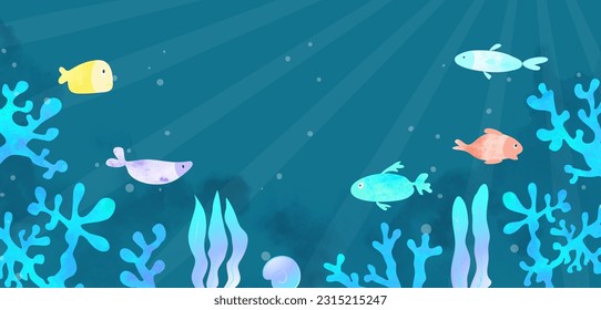 Beautiful sea background with fish, corals and algae.Modern design for promotional materials, postcards, covers and more
