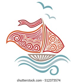 Beautiful sea background with ship. Vector illustration.