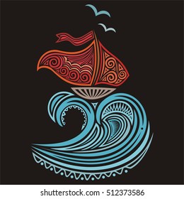 Beautiful sea background with ship. Vector illustration.