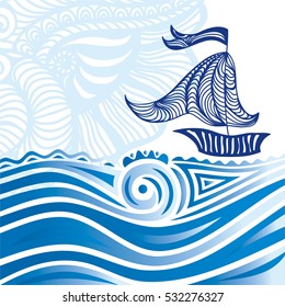 Beautiful sea background with ship. Vector illustration.