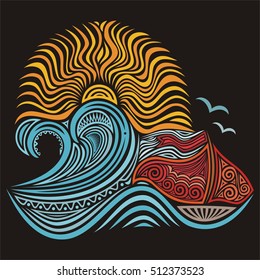 Beautiful sea background with sun and ship. Vector illustration.