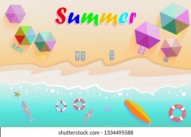 Beautiful sea beach Summer with waves and white sand. Top view of cool summer banner background with umbrella, rubber ring in donut. Vector illustration.