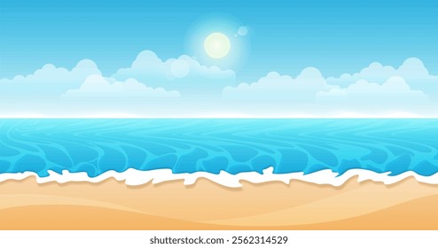 beautiful sea beach view on bright sunny day flat vector illustration