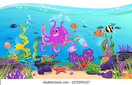 beautiful sea with coral, reef, and fish