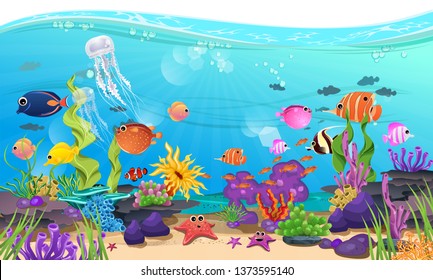 beautiful sea with coral, reef, and fish