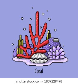 Beautiful sea coral reef in the old pixel style. Vector illustration of ocean corals on the sand with seashells and algae. Underwater purple stones, hedgehogs, minerals, living creatures.