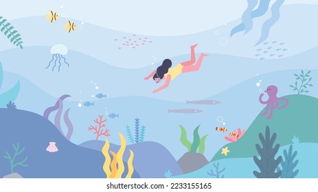 in the beautiful sea. A diver is traveling underwater. Various marine creatures in the sea.