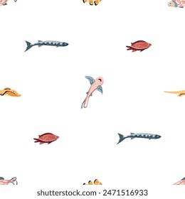 Beautiful sea fish, sea world. Seamless pattern for prints. Vector illustration in flat modern style.