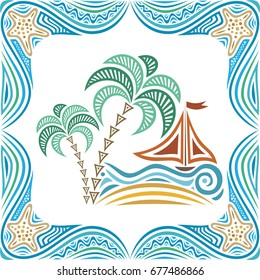 Beautiful sea frame palm tree and ship. Vector illustration.