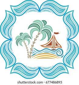 Beautiful sea frame palm tree and ship. Vector illustration.