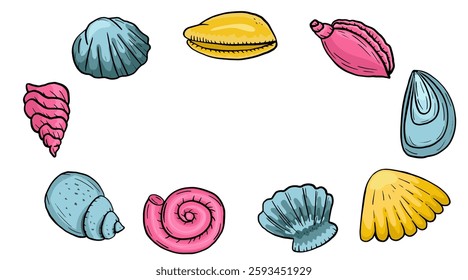 Beautiful sea frame with shells. Vector illustration.