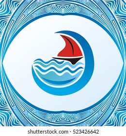 Beautiful sea frame with ship. Vector illustration.