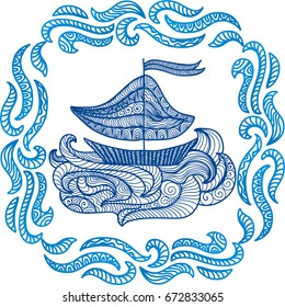 Beautiful sea frame and ship. Vector illustration.