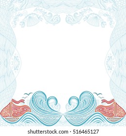 Beautiful sea frame and ships. Vector illustration.