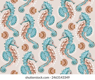 Beautiful sea horse and sea Shells Vector seamless pattern illustration , Design for fashion , fabric, textile, wallpaper , wrapping and all prints