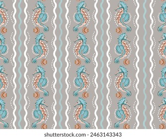 Beautiful sea horse and sea Shells witj vertical wave striped line Vector seamless pattern illustration , Design for fashion , fabric, textile, wallpaper , wrapping and all prints