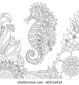 Beautiful sea horse swimming among corals for coloring book page, T-Shirt design and other design element. 