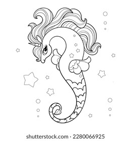 Beautiful sea horse, unicorn with a long mane. Black and white linear pattern. Magic animal. For children's design of books of coloring, prints, posters, postcards, stickers, etc. Vector