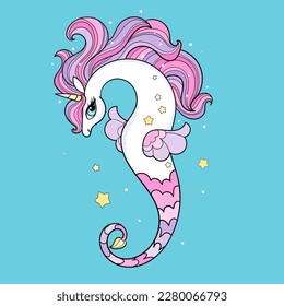 Beautiful sea horse, unicorn with a rainbow mane. Children's magical illustration. Marine theme. For children's design of prints, posters, postcards, stickers, etc. Vector