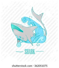 Beautiful sea illustration. Shark in the waves.