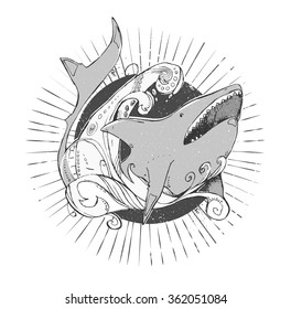 Beautiful sea illustration. Shark in the waves. Template for t-shirts, or your design.
