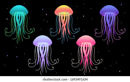 beautiful sea jellyfish multicolored isolated on background, set of marine drawn vector illustration