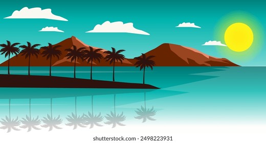 Beautiful Sea Landscape in the evening sunset and Palm trees, Summer background