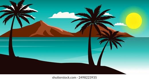 Beautiful Sea Landscape in the evening sunset and Palm trees, Summer background