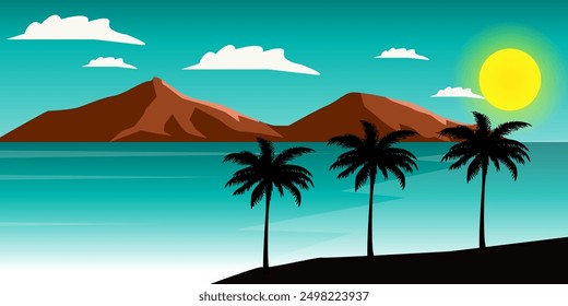Beautiful Sea Landscape in the evening sunset and Palm trees, Summer background