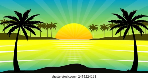 Beautiful Sea Landscape in the evening sunset and Palm trees, Summer background