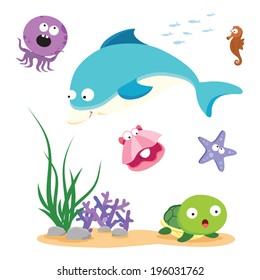Beautiful sea life. Vector illustration of colorful sea creatures.