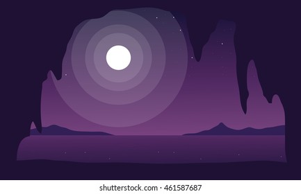 Beautiful sea at night landscape silhouettes illustration